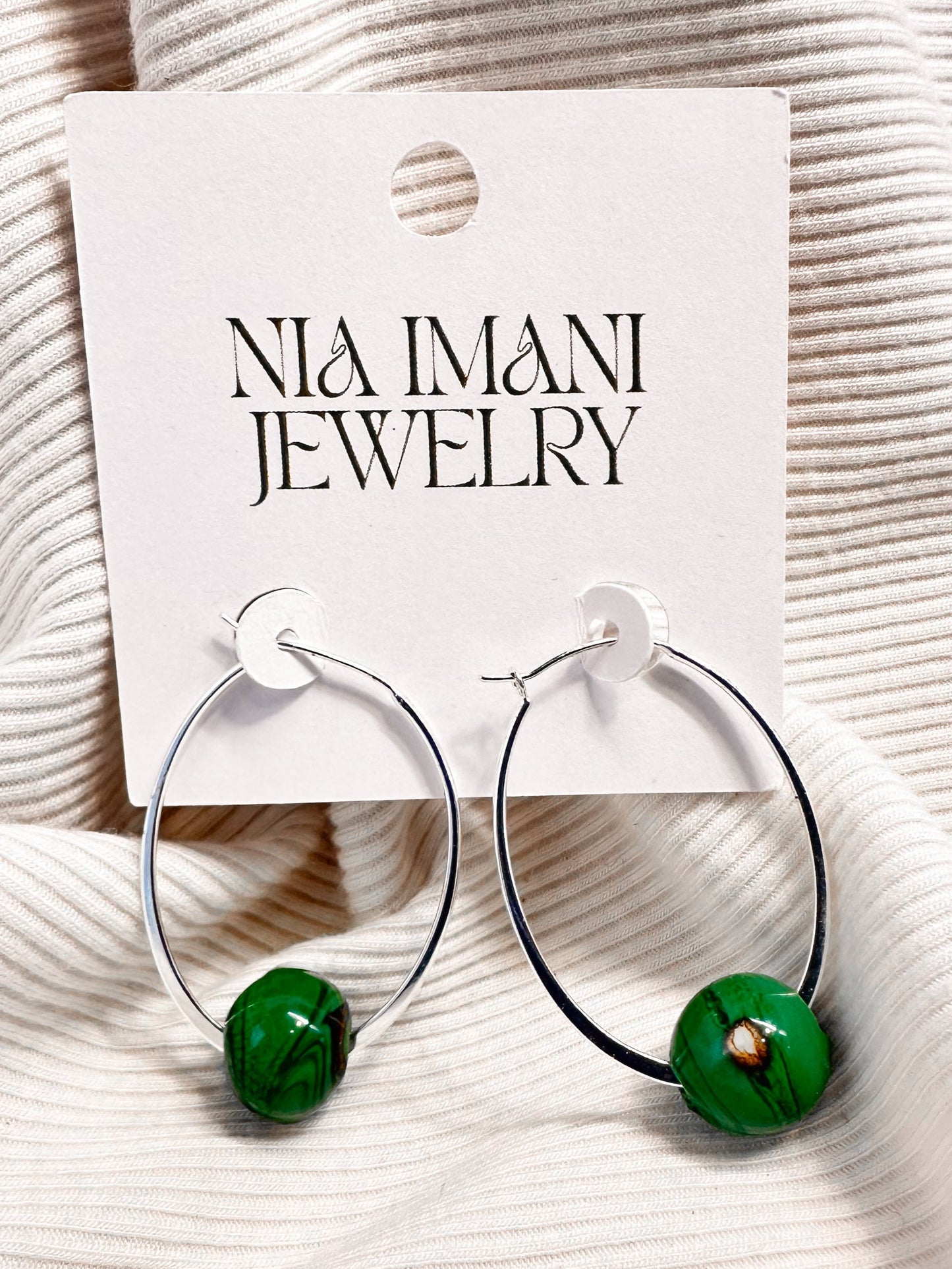 Green Marble Glass Beads on Sterling Oval Hoops