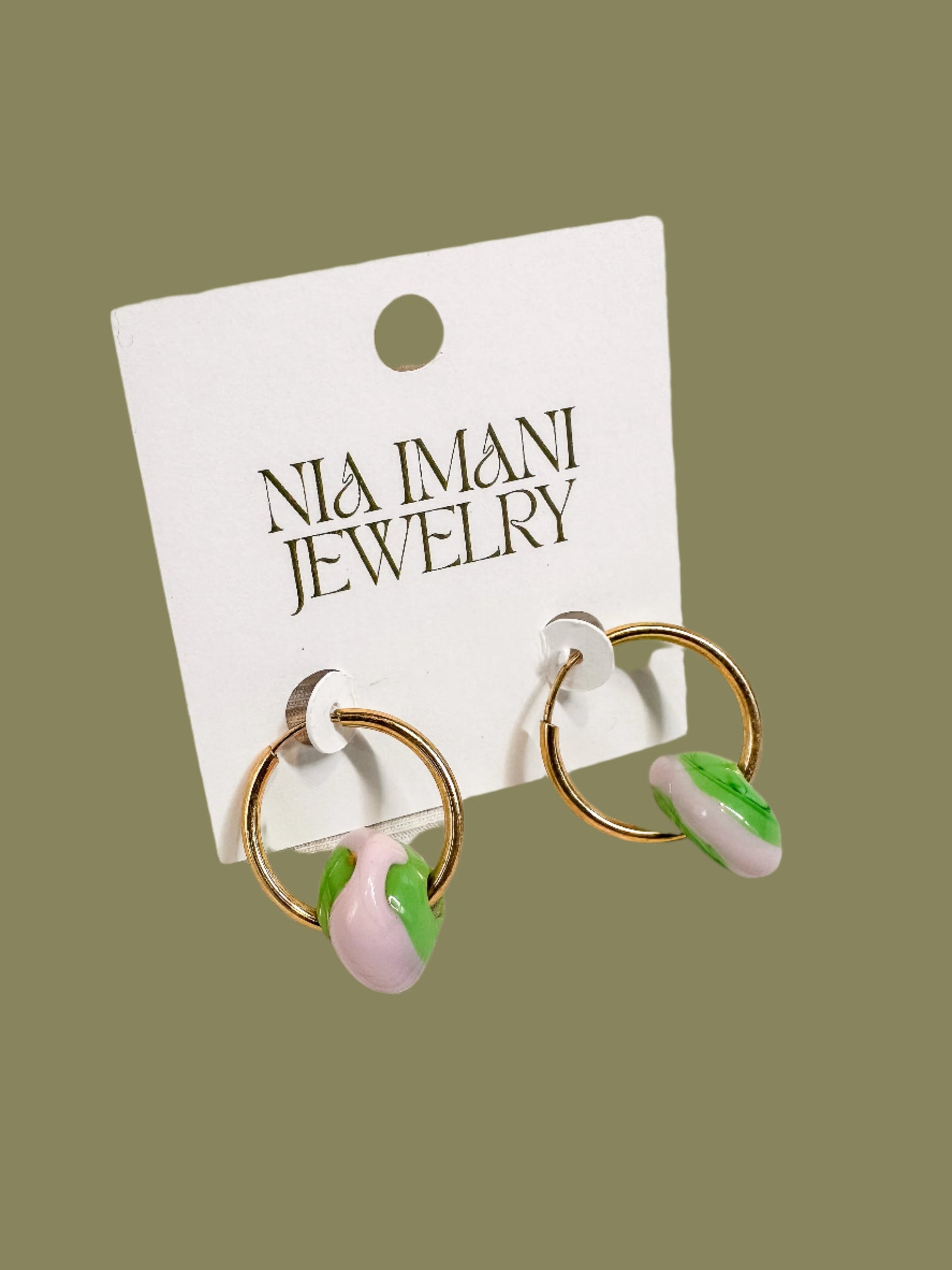 Pastel Pink & Green Beads on Gold-Filled Sleeper Hoops